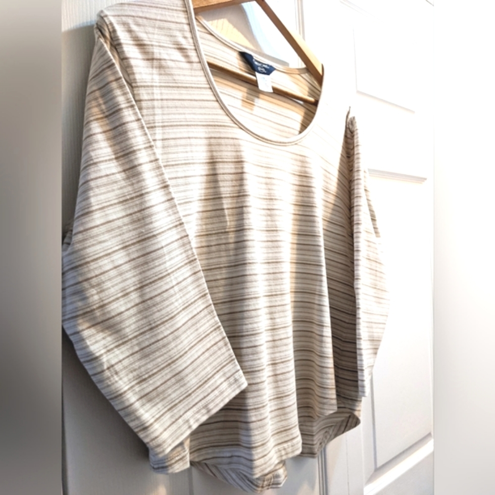 Cotton, Neutral Autumn Top with Stripes Size Large.